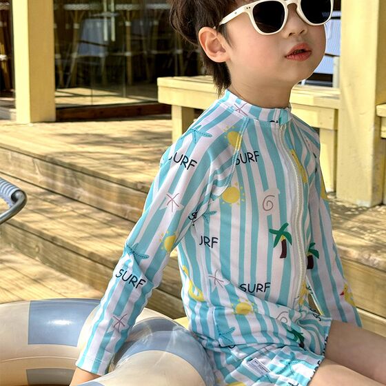Boys swimsuit 2025 new children's summer long-sleeved one-piece swimsuit baby fashionable cute striped swimsuit