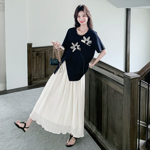 
Women's clothing/ladies' boutique dress 2025 summer Chinese A-line skirt summer short-sleeved mid-length skirt thin appliqué A