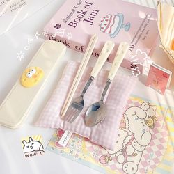 Cute ins-Piece Cheese Spoon, Fork, and Chopsticks Set for Students and Children, Portable Cutlery with Storage Box, Creative Set