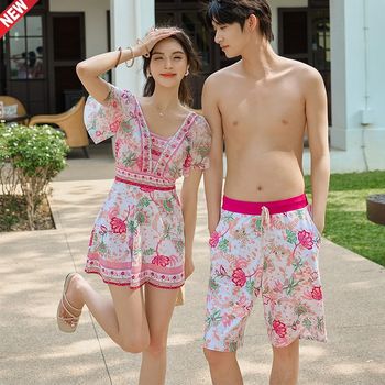 
Couple suit one-piece skirt style boxer-angle women's summer swimsuit z large size slightly fat mm steel support push-up beach pants men's sea