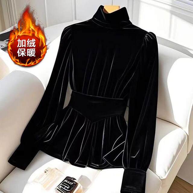 French unique super beautiful inner long -sleeved gold velvet shirt in winter light luxury high -level black plus velvet shirt
