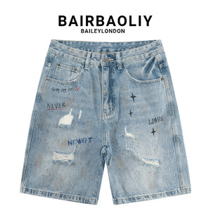 
BAIRBAOLIY high street graffiti ripped holes painted trendy brand denim shorts summer men's new casual pants