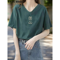 Basic House/Baijiahao Age-Reducing Rabbit Print Pure Cotton Short-Sleeved T-Shirt for Women, Summer Loose V-Neck T-Shirt