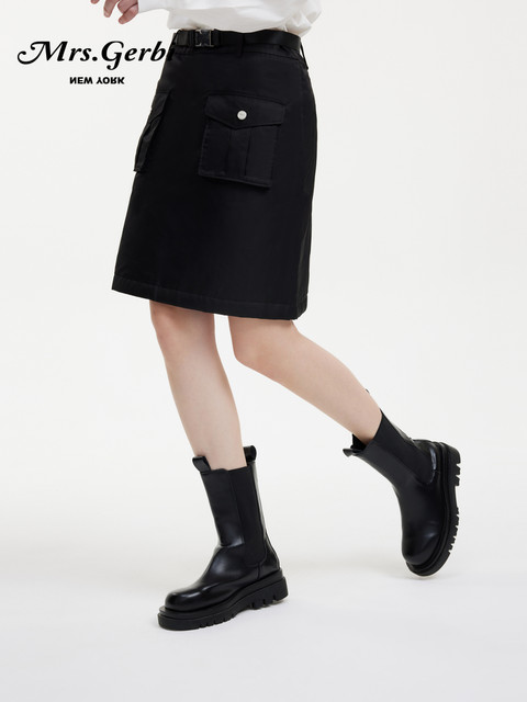 Mrs.Gerbi autumn and winter functional style workwear pocket cotton short skirt for women with belt straight versatile skirt