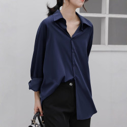 Navy Blue Shirt for Women, Spring and Autumn, Light Luxury, High-End Korean Style, Chic, Loose, Lazy Style, Long-Sleeved Chiffon Shirt Top