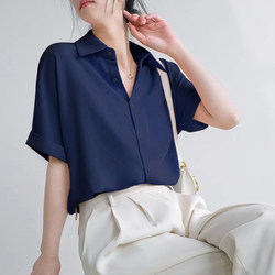 Navy Blue Short-Sleeved Chiffon Shirt for Women, Summer Light Luxury, High-End Drape, Old Money Style, Elegant Lapel Shirt Top