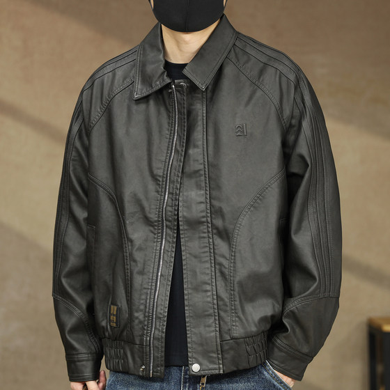 
2026 Spring New PU Leather Jacket Men's Spring and Autumn Style American Retro Loose Maillard Leather Jacket Men