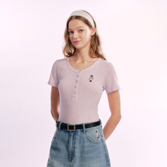 Bear women's purple short-sleeved T-shirt 2025 new trendy design Henry collar top TTRA256416H