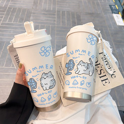 Blow-Dryed Kitten Stainless Steel Thermos Coffee Cup, High-Looking Straw Cup, Portable Water Cup for Students, Men and Women, Large Capacity