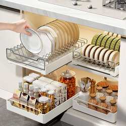 Punchless kitchen cabinet pull basket pull-out type bowl and dish storage rack under sink storage rack seasoning bottle storage box