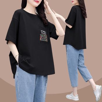 
2024 new Korean version i loose large size fat mm covering the flesh slightly fat and slim western style casual suit t-shirt women summer thin section