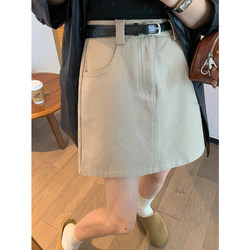 Khaki Workwear Casual Skirt for Women, New Summer Style, Plus Size, Petite, High-Waisted, Slimming A-Line Short Skirt
