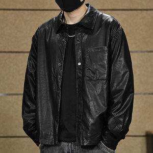 
American retro lapel shirt jacket for men spring and autumn new loose and versatile casual motorcycle leather jacket for men