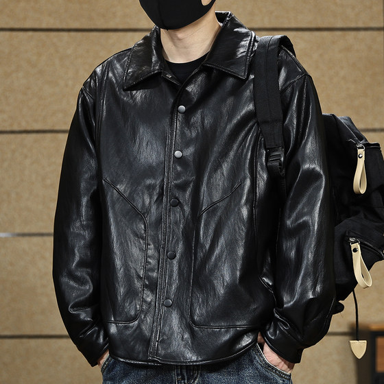 
American retro leather jacket men's spring and autumn new trendy brand loose casual motorcycle wear handsome leather shirt jacket