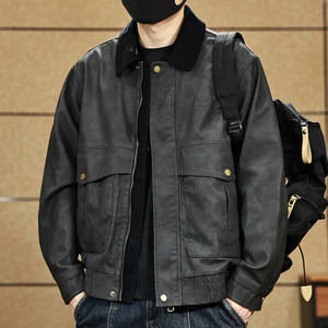 
American Corduroy Collar Lapel Leather Short Jacket Retro Spring Autumn Men's Casual Maillard Motorcycle Jacket