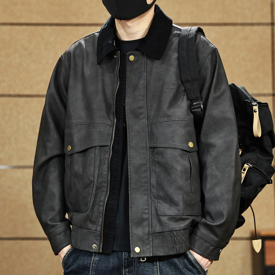 
American Corduroy Collar Lapel Leather Short Jacket Retro Spring Autumn Men's Casual Maillard Motorcycle Jacket