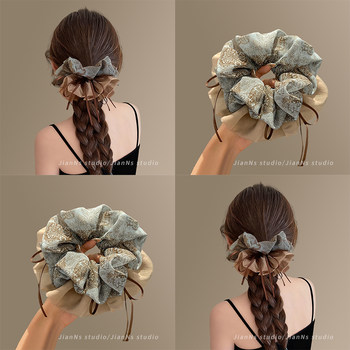 
High-end retro floral ribbon large intestine hair tie for women 2025 new style ponytail ball head large rubber band hair rope