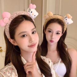 Japanese-Style Cartoon Leopard Print Kt Cat Headband Autumn and Winter Plush Cute Face-Washing Makeup Headband Hair Clip Versatile Hair Accessory