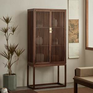 
New Chinese bookcase black walnut tea cabinet old elm storage cabinet gift cabinet solid wood furniture retro tea room retro