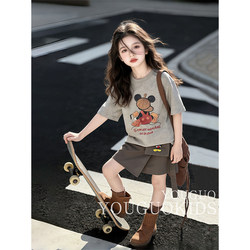 Girls' Short-Sleeved Suit Summer Outfit 2026 New Style Fashionable Children's Clothing Summer Cartoon Mickey Pure Cotton T-Shirt Two-Piece Set