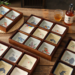 Retro Ceramic Square Plate Hot Pot Restaurant Teahouse Nine-Compartment Plate Snack Plate Tea Refreshment Dry Fruit Dessert Divided Plate