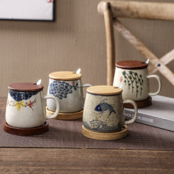 Chinese-Style Ceramic Mug with Lid and Spoon, Vintage Hand-Painted Coffee Cup, Household Water Cup, Office Tea Cup Set