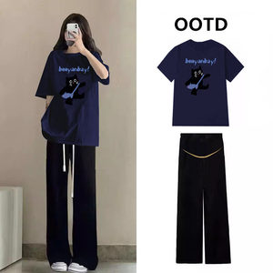 
Pregnant women's summer suit new Korean version short-sleeved T-shirt pure cotton cute kitten loose top lazy style two-piece set