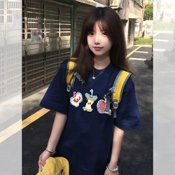 Summer Heavyweight Pure Cotton Apple Print Short-Sleeved T-Shirt for Girls, Older Children, Middle School and High School Students, Loose Half-Sleeved Top