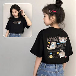Black Pure Cotton Girls' Cat T-Shirt Short Sleeve 2026 New Summer Children's Clothing for Young Children Half-Sleeve Top