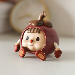 Cartoon Carving of Mangosteen Fruit on Wood, Cute Solid Wood Creative Desktop Study Decoration, Gift