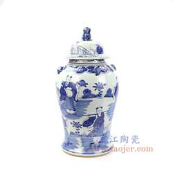 Jingdezhen antique blue and white window flower and bird lion head general jar home decoration vase lid jar storage jar ornaments
