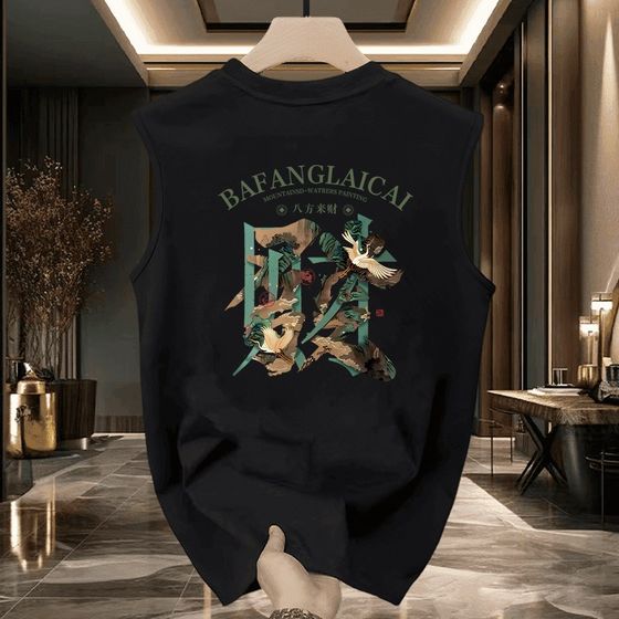 
2024 Summer New Heavyweight Cotton Sleeveless T-Shirt Men's Personalized Print M Fashion Versatile Men's Daily Sweat Vest