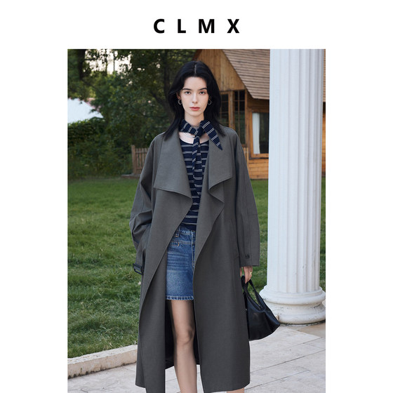 
CLMX casual retro large lapel belt long windbreaker jacket Lyocell cotton blend fabric commuter top for women