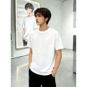 
cleanfit white right shoulder t-shirt men's summer heavyweight Xinjiang pure cotton short-sleeved American style inner half-sleeve