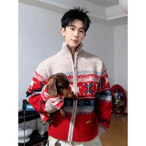 
Wool Blended Red Fair Isle Sweater Men's Autumn and Winter Year of the Horse Knitted Sweater Lazy Couple Cardigan Jacket