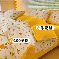 Milk Velvet Four-Piece Set, Ab Side Pure Cotton, Thickened Flannel Coral Fleece Bed Sheet and Duvet Cover, 2025 New Autumn and Winter Models