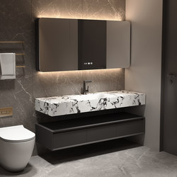 2025 New Model Rounded Oak Rock Slab Seamless Integrated Basin Bathroom Cabinet Combination Washbasin Sink