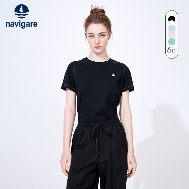 Navigare Italian small sailing boat black round neck short-sleeved T-shirt for women 2025 summer new casual t-shirt