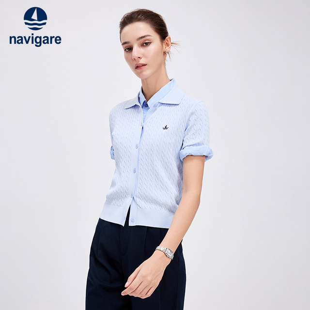 Navigare Italian small sailboat elastic cork cardigan for women 25 autumn new product lapel versatile short-sleeved cardigan