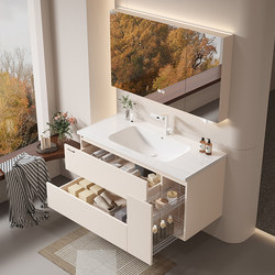 Oupai Ceramic Integrated Basin Bathroom Cabinet Set, Cream Style Bathroom Vanity with Pull-Out Basket, Washbasin Cabinet, Bathroom Cabinet