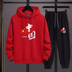 National Trend Hooded Sweatshirt Casual Suit Fleece Hoodie for Men and Women Patriotic Couple Parent-Child Outfit Sports Activity Two-Piece Set