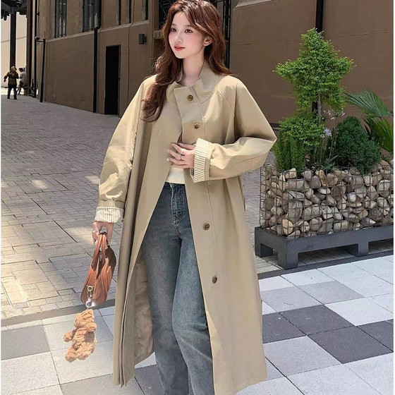 
TYK grid splicing long Korean style windbreaker jacket 2025 new autumn and winter contrast color high-end British style coat