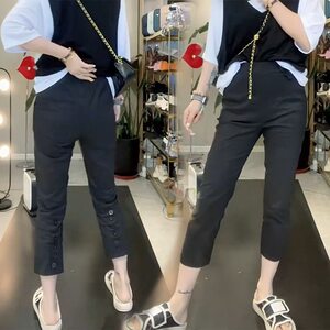 
Popular summer thin eight-point quick-drying paper mask pants casual pants high-waist elastic slim slimming pencil pants for women