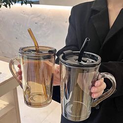 Casual Summer Straw Glass Water Cup Office Cup with Handle for Boys and Girls Couple Dormitory Coffee Cup for Home Use