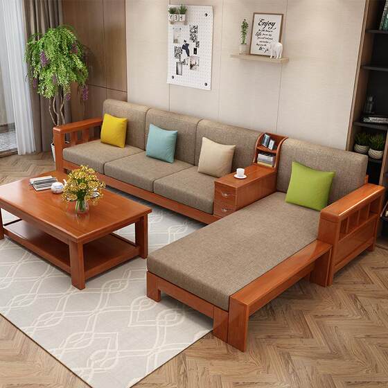 
Chinese solid wood fabric sofa small apartment office hotel living room multifunctional three-seat combination sofa furniture