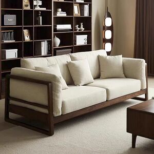 New Chinese style black walnut ash wood straight-row sofa solid wood Zen fabric hotel B&B office leisure furniture
