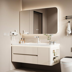 Smart Oak Lacquered Side Storage Bathroom Cabinet with Integrated Ceramic Washbasin and Vanity Unit