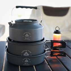 Outdoor camping cookware, large set of pots, portable frying pans, picnic lightweight pots, complete set