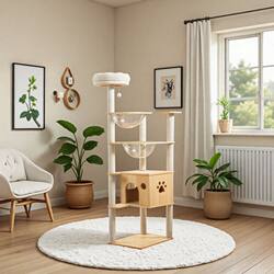 Large Solid Wood Cat House, Cat Climbing Frame, Cat Tree, Integrated Solid Wood Cat Scratching Post, Enlarged Space Capsule, Complete Set of Cat Supplies