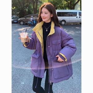 Color-blocking down jacket for women's winter clothing 2023 new Korean version loose stand collar thickened warm white duck down jacket trendy

